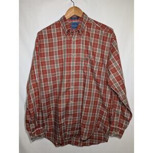 Faconnable Mens Button Up Shirt Sz M Long Sleeve Orange‎ Brown Checked